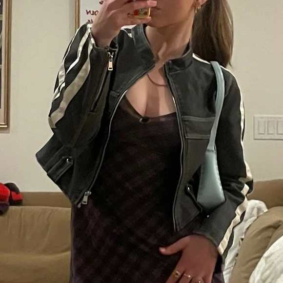 Urban Outfitters Charcoal Distressed Moto Jacket with White Stripes and Piping - Picture 2 of 4